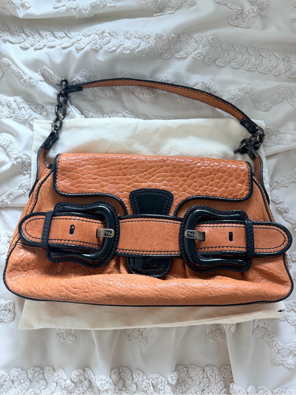 Fendi Orange Leather Shoulder Bag with Black Trim and Buckles